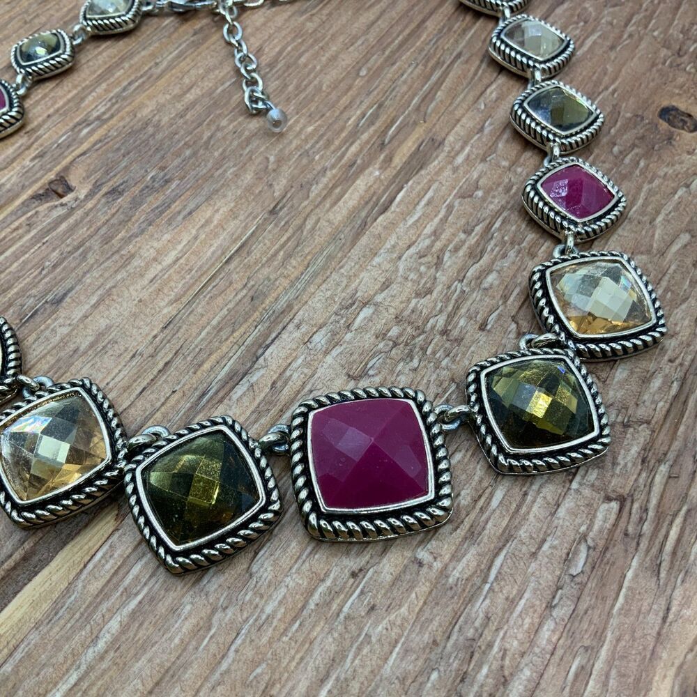 Napier Vintage Multi Colored Square Faceted Gem Stone Gold Tone Necklace